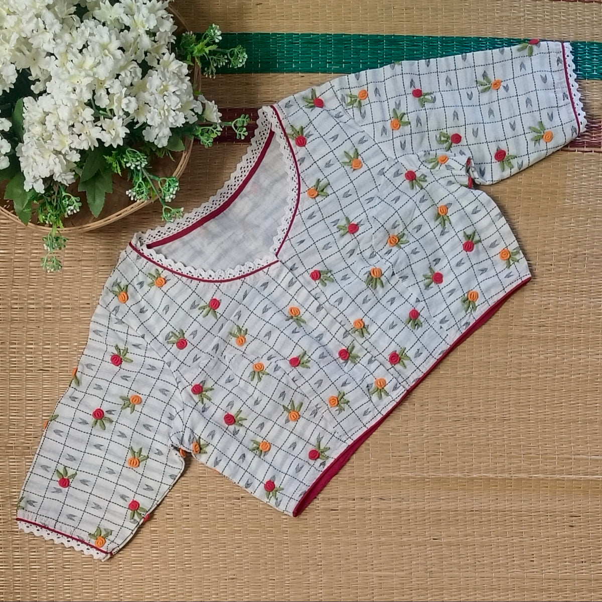 White Jamdani Hand Embroidery Blouse