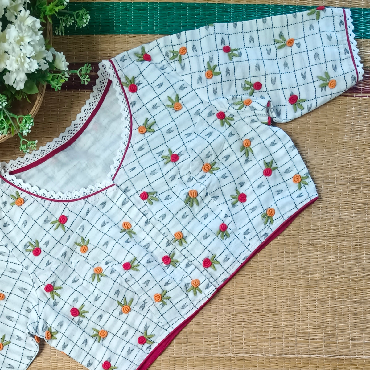 White Jamdani Hand Embroidery Blouse