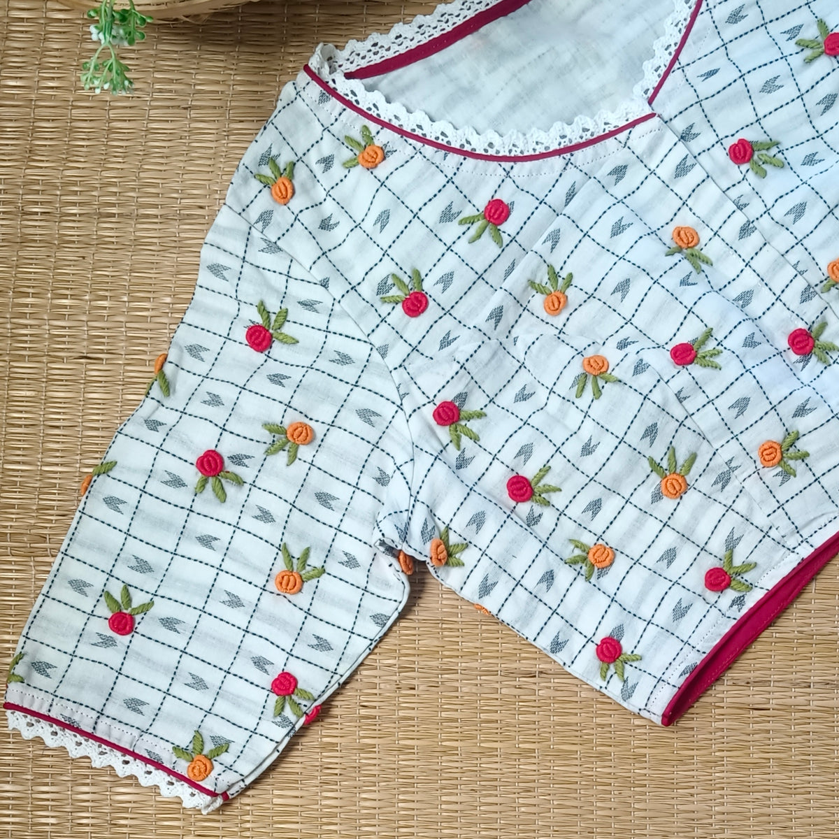 White Jamdani Hand Embroidery Blouse
