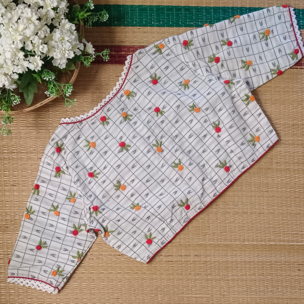 White Jamdani Hand Embroidery Blouse