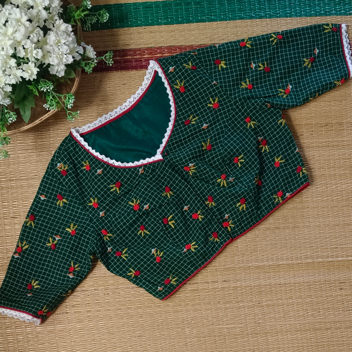 Bottle Green Jamdani Hand Embroidery Blouse
