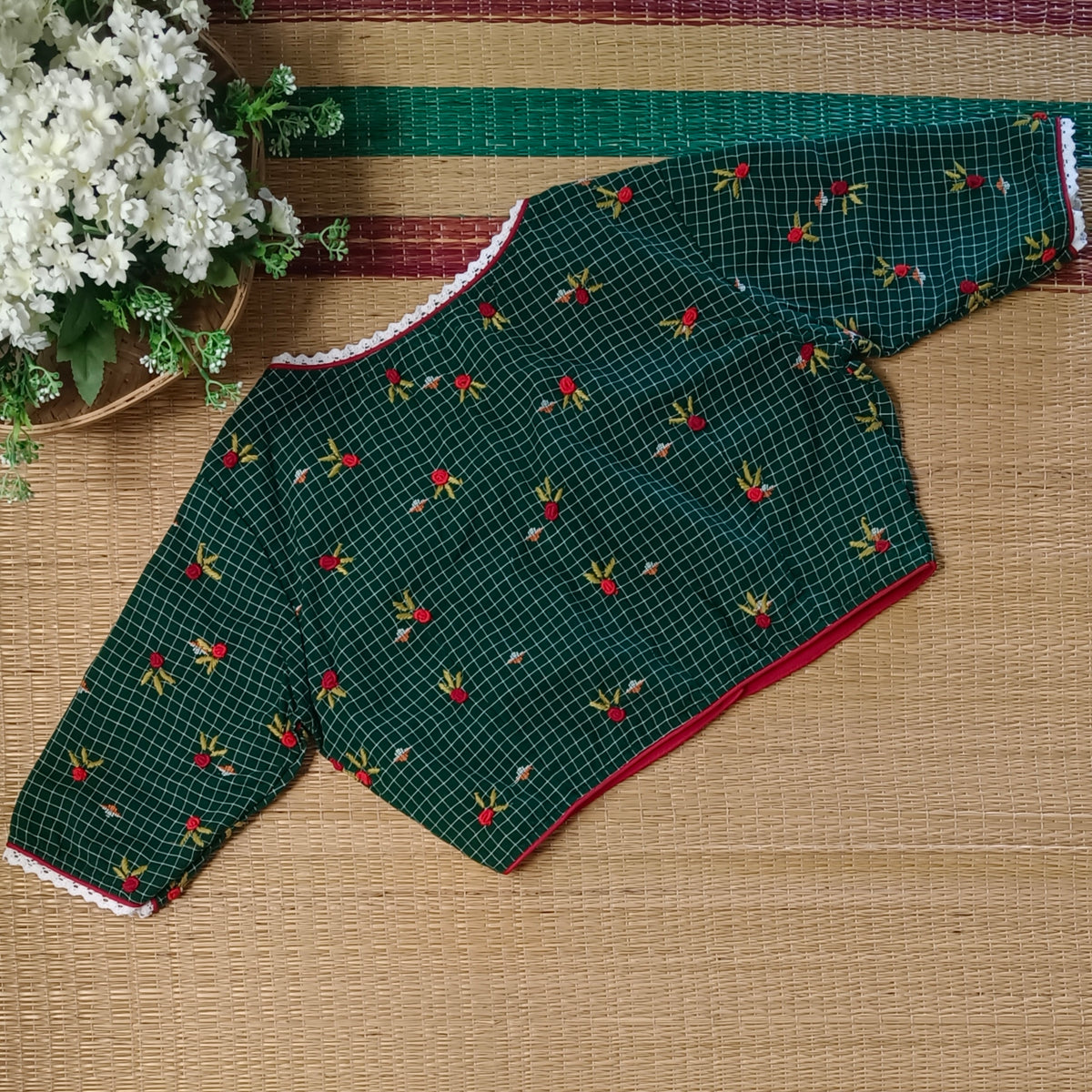 Bottle Green Jamdani Hand Embroidery Blouse