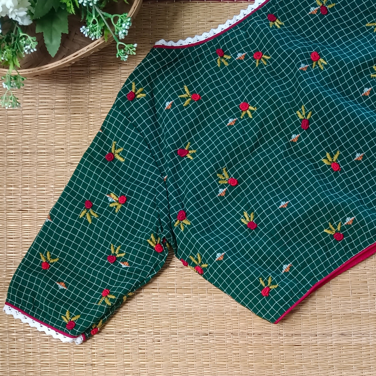 Bottle Green Jamdani Hand Embroidery Blouse