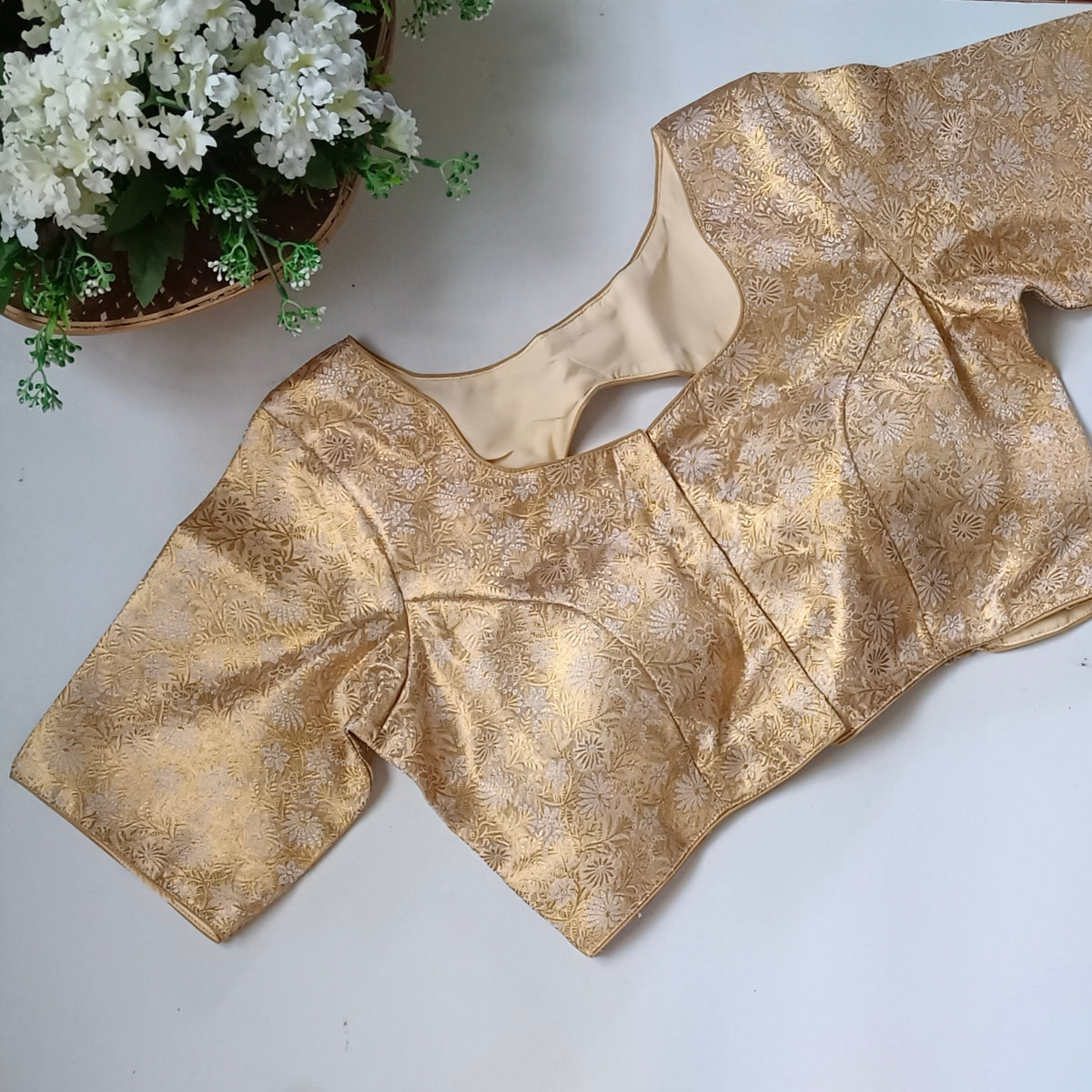 Golden Back Elastic Brocade Blouse