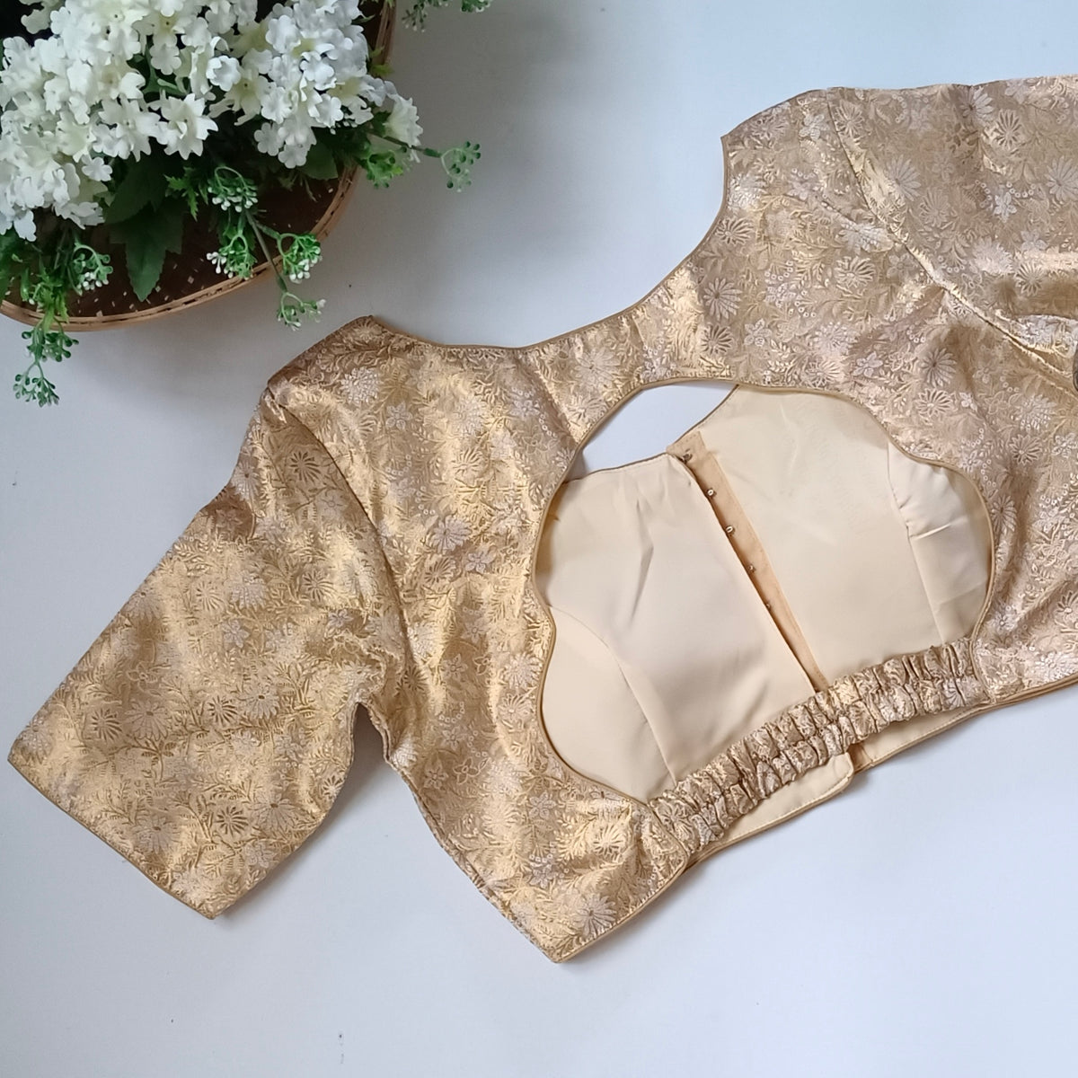 Golden Back Elastic Brocade Blouse