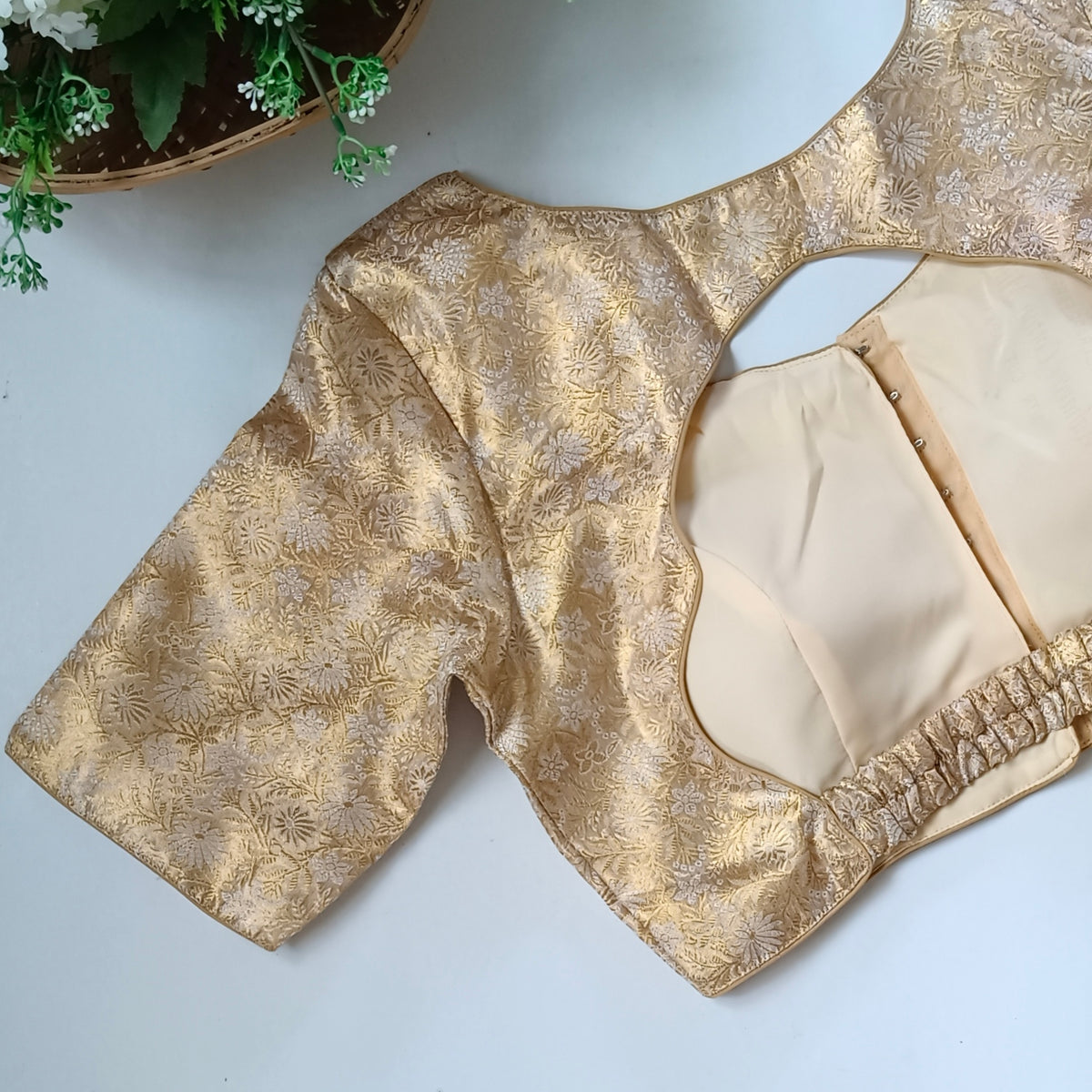Golden Back Elastic Brocade Blouse