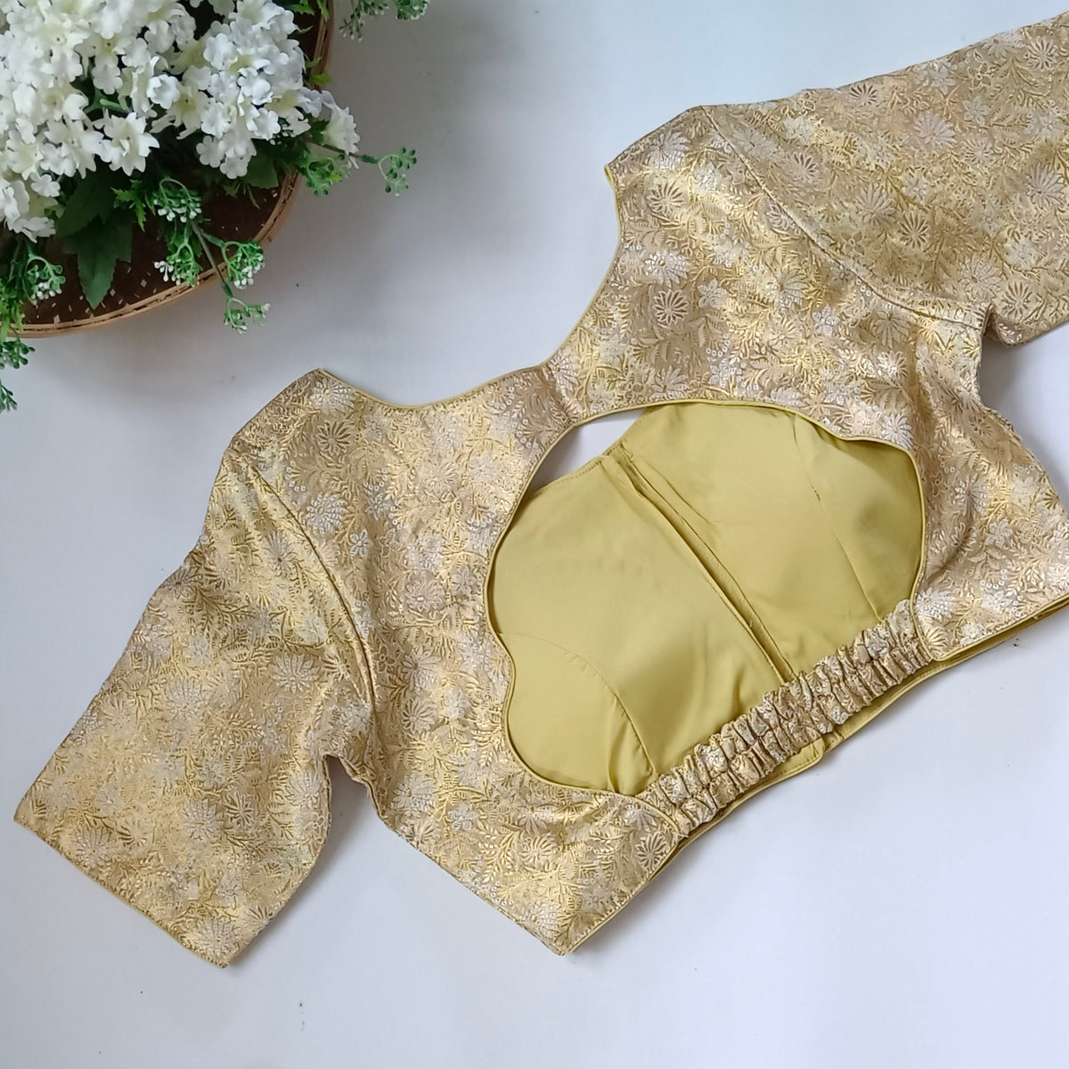 Pastel Pista Golden Back Elastic Brocade Blouse