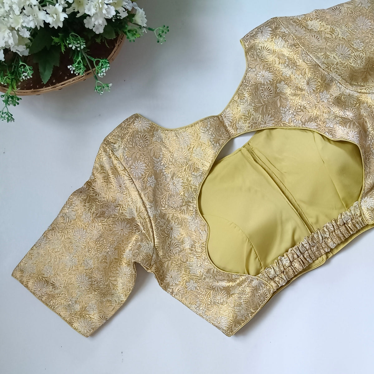 Pastel Pista Golden Back Elastic Brocade Blouse
