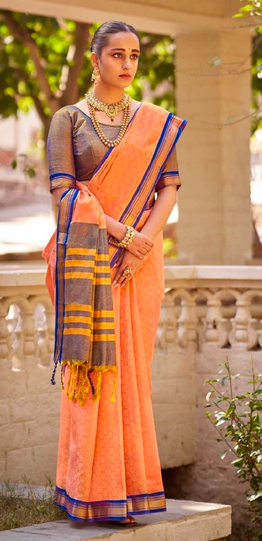 Carrot Orange Semi Silk Saree