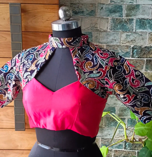 Hot pink high neck embroidery blouse