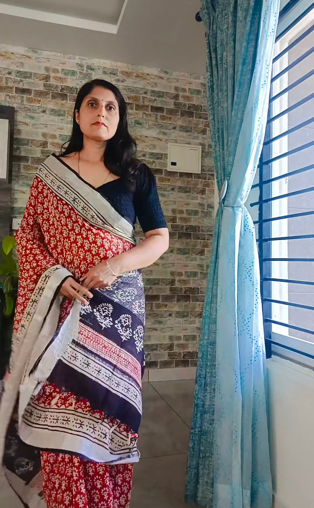 Maroon Ajrak hand block printed Saree