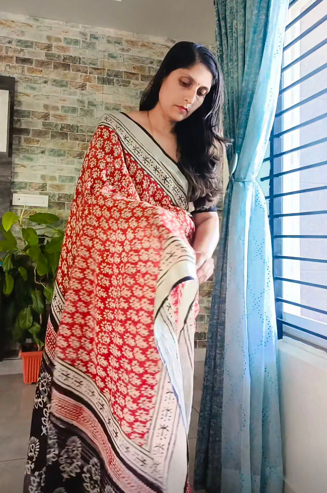 Maroon Ajrak hand block printed Saree