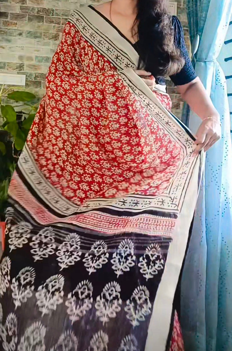 Maroon Ajrak hand block printed Saree