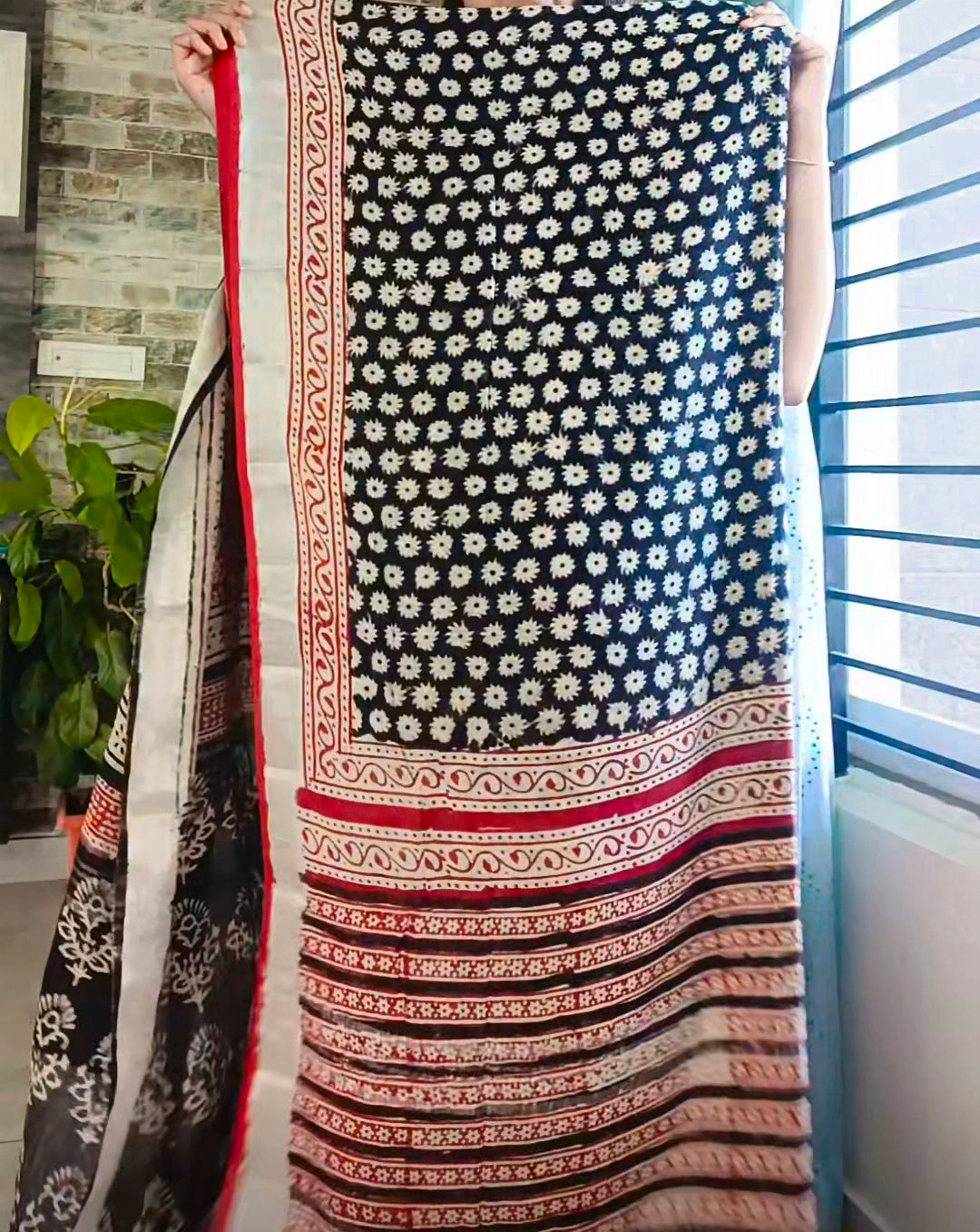 Black Ajrak hand block printed Saree
