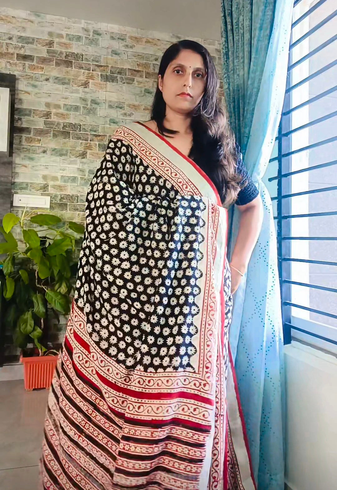 Black Ajrak hand block printed Saree